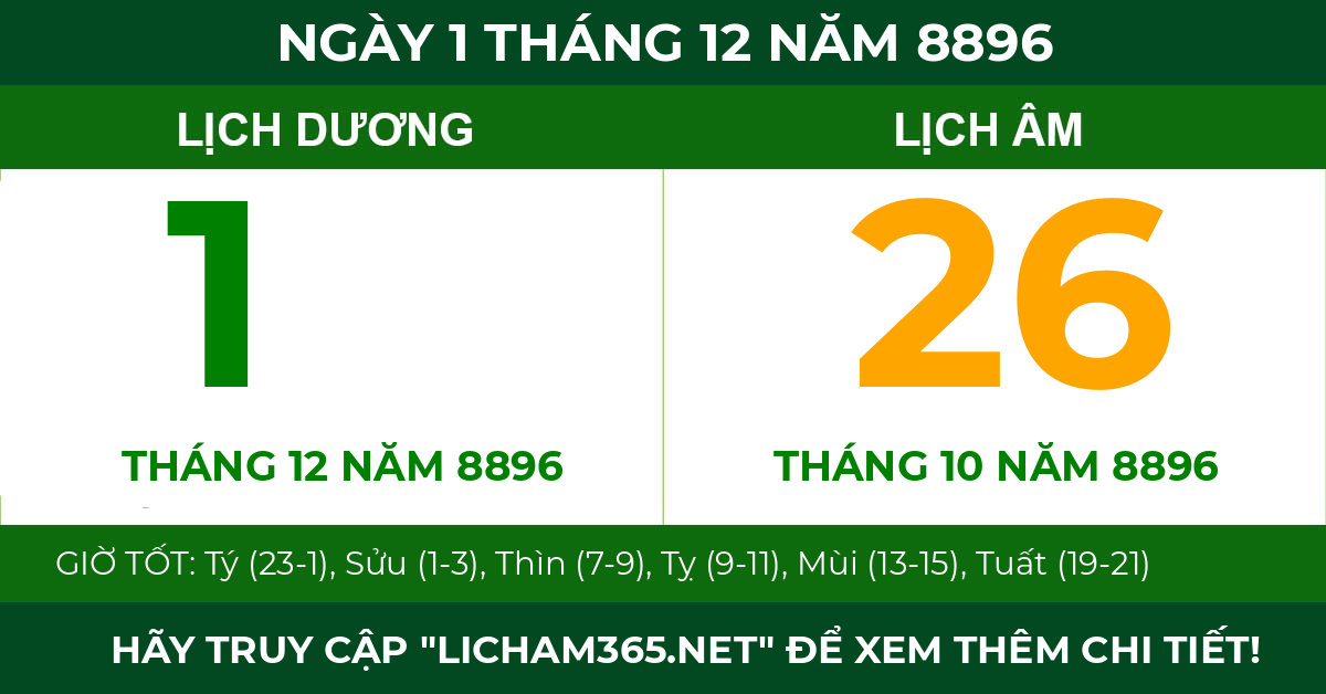 lịch âm ngày 1 tháng 12 năm 8896