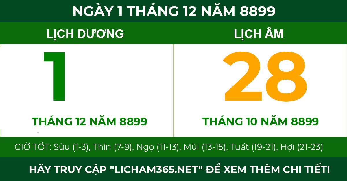lịch âm ngày 1 tháng 12 năm 8899