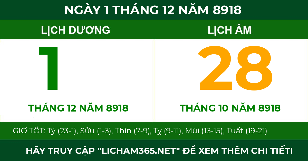 lịch âm ngày 1 tháng 12 năm 8918