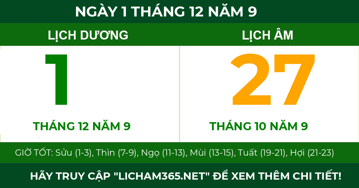 lịch âm ngày 1 tháng 12 năm 9