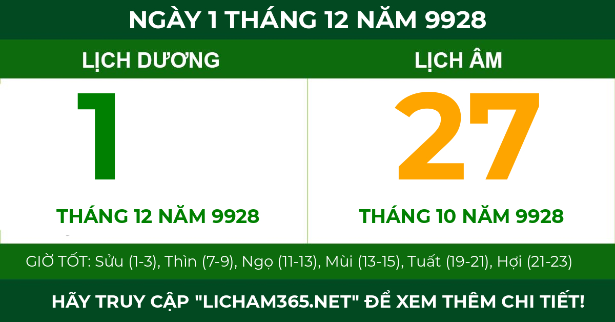 lịch âm ngày 1 tháng 12 năm 9928