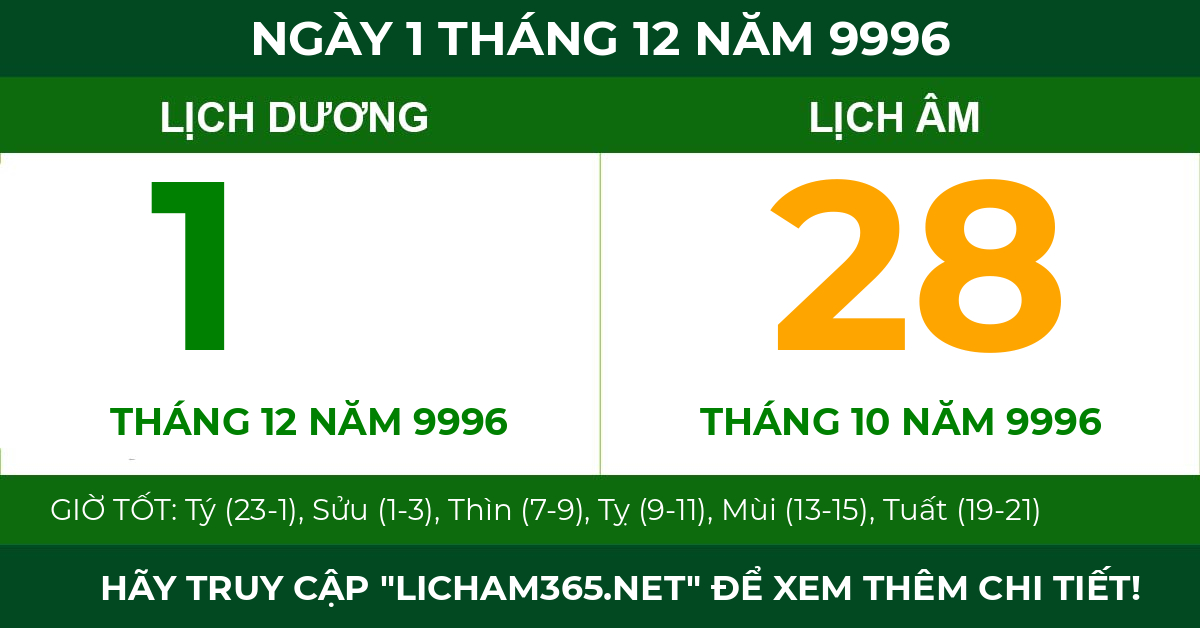 lịch âm ngày 1 tháng 12 năm 9996