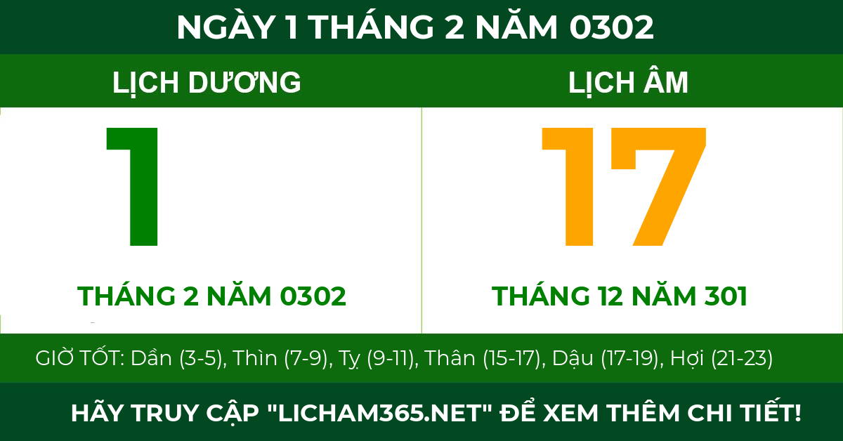 lịch âm ngày 1 tháng 2 năm 0302