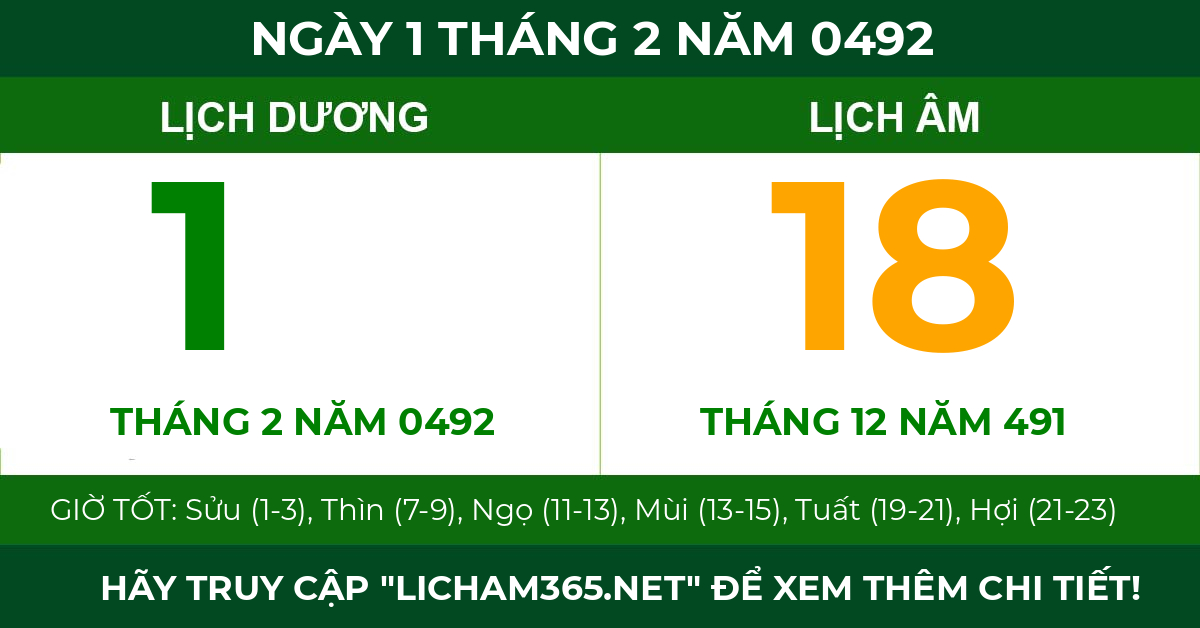 lịch âm ngày 1 tháng 2 năm 0492