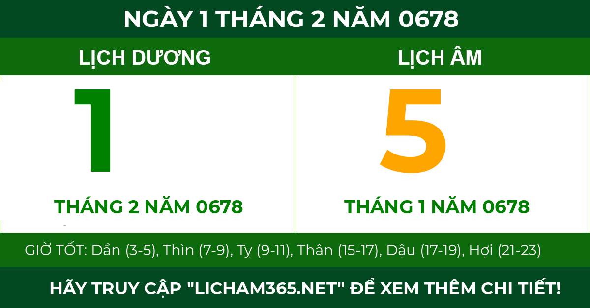 lịch âm ngày 1 tháng 2 năm 0678