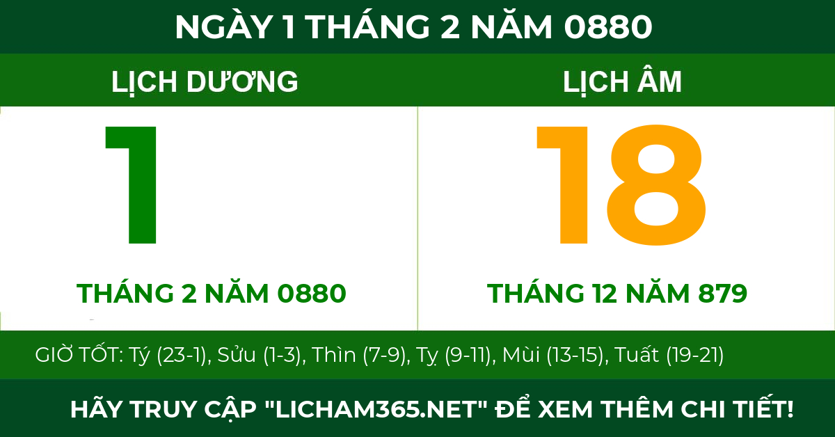 lịch âm ngày 1 tháng 2 năm 0880