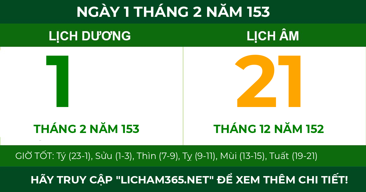 lịch âm ngày 1 tháng 2 năm 153