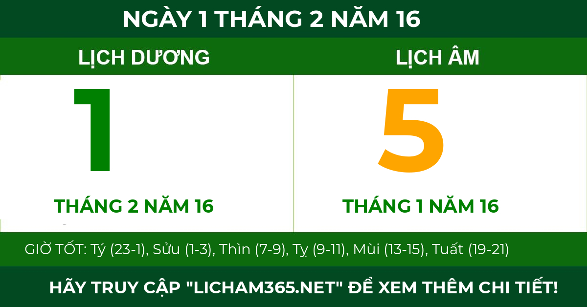 lịch âm ngày 1 tháng 2 năm 16