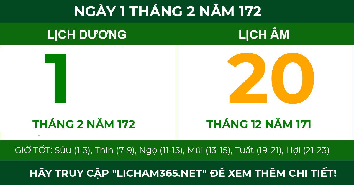 lịch âm ngày 1 tháng 2 năm 172