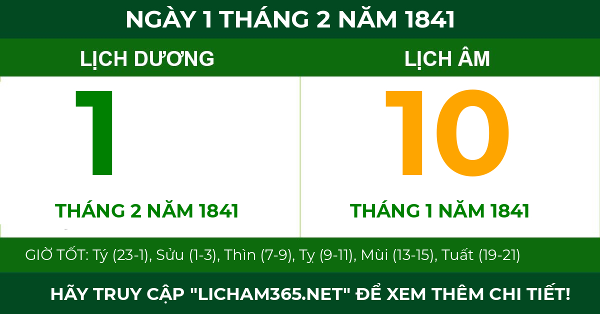 lịch âm ngày 1 tháng 2 năm 1841