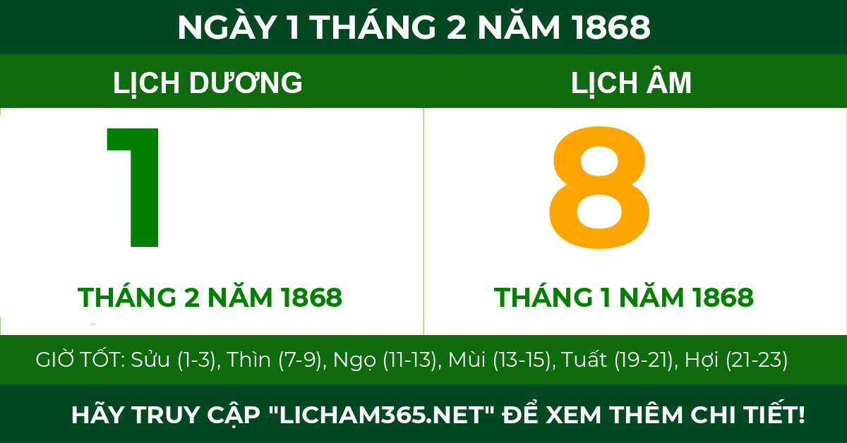 lịch âm ngày 1 tháng 2 năm 1868