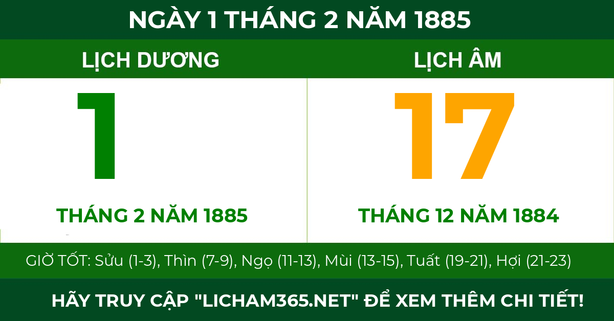 lịch âm ngày 1 tháng 2 năm 1885