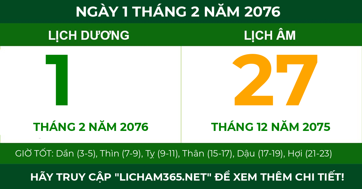 lịch âm ngày 1 tháng 2 năm 2076