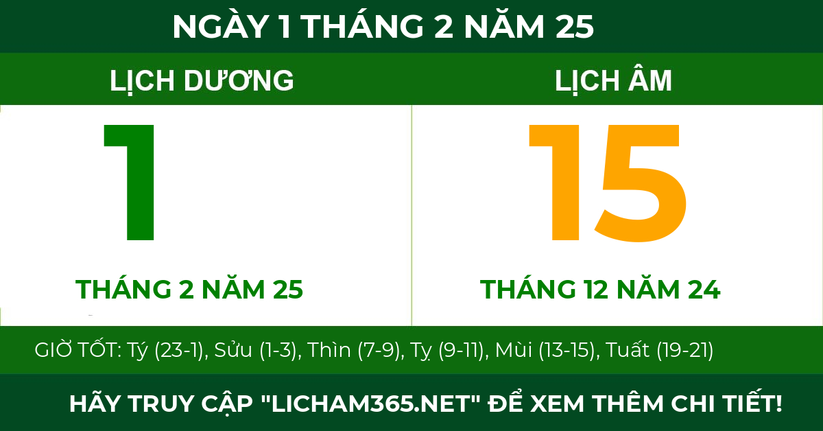 lịch âm ngày 1 tháng 2 năm 25