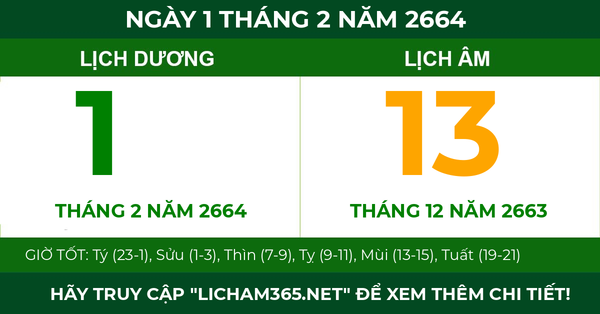lịch âm ngày 1 tháng 2 năm 2664