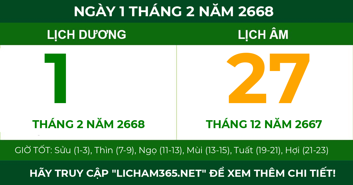 lịch âm ngày 1 tháng 2 năm 2668