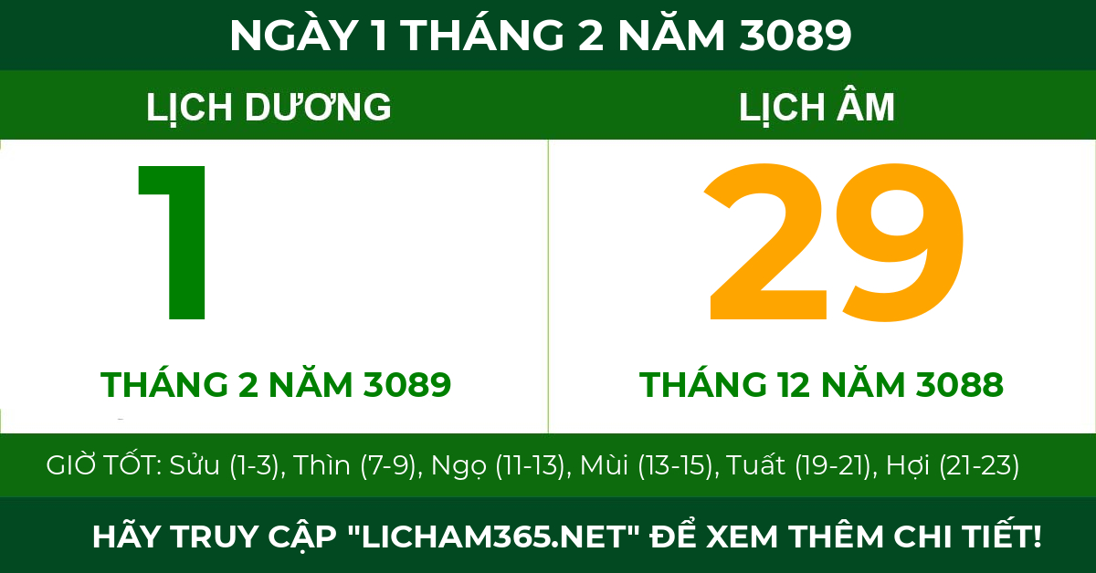 lịch âm ngày 1 tháng 2 năm 3089