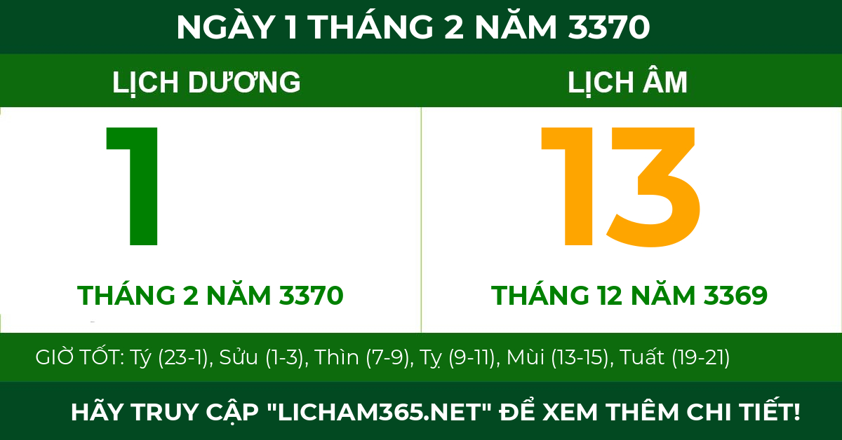 lịch âm ngày 1 tháng 2 năm 3370