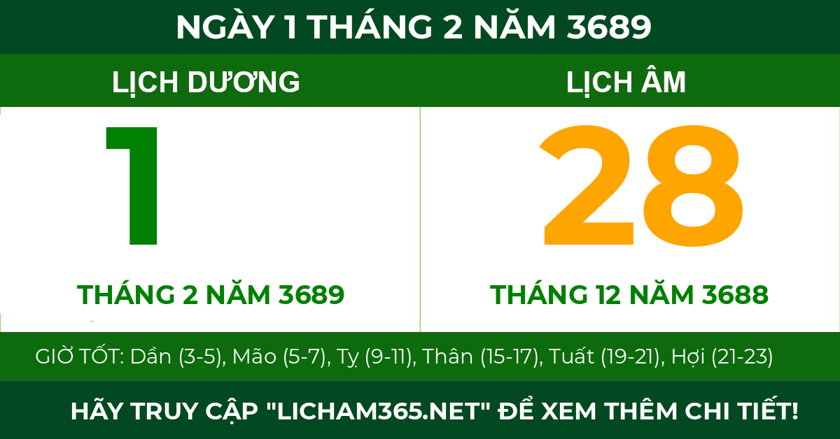 lịch âm ngày 1 tháng 2 năm 3689