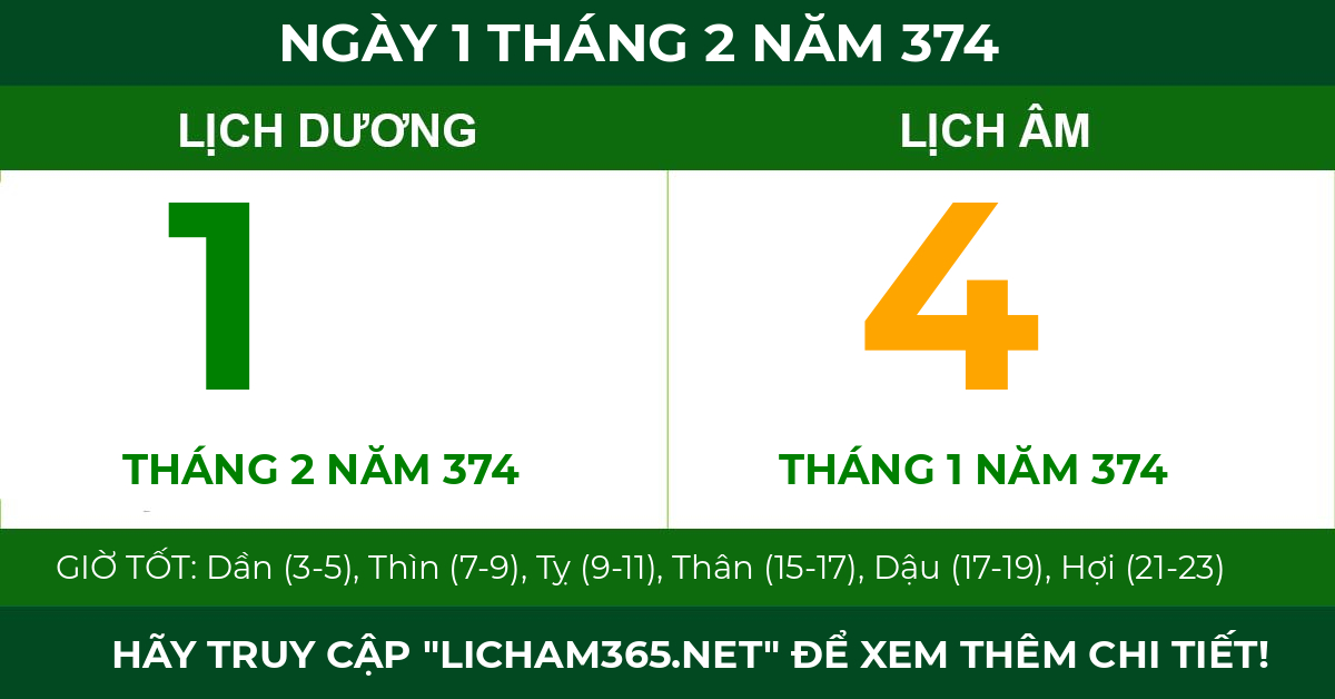 lịch âm ngày 1 tháng 2 năm 374