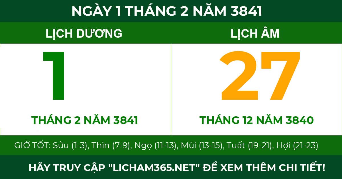 lịch âm ngày 1 tháng 2 năm 3841