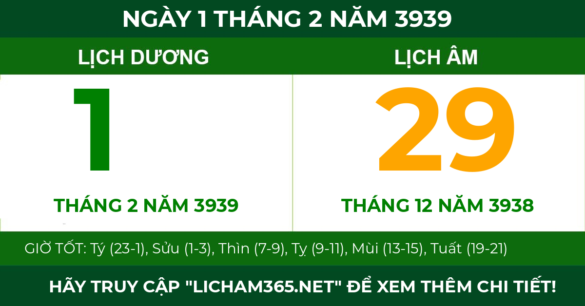 lịch âm ngày 1 tháng 2 năm 3939