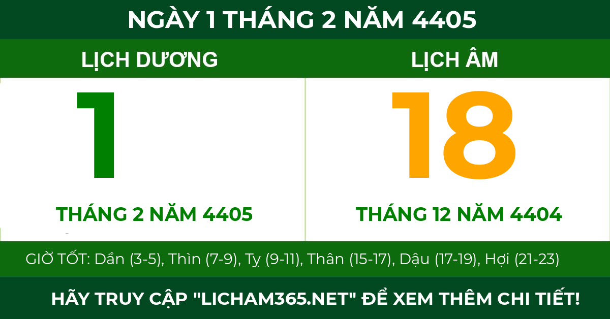 lịch âm ngày 1 tháng 2 năm 4405