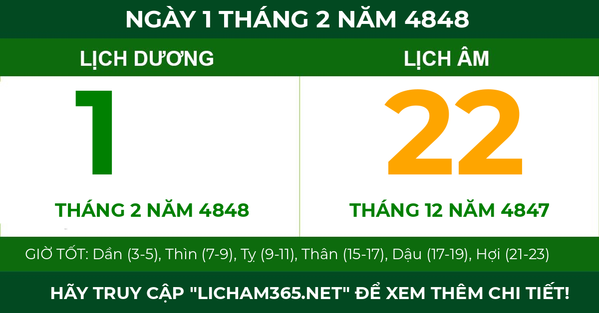 lịch âm ngày 1 tháng 2 năm 4848