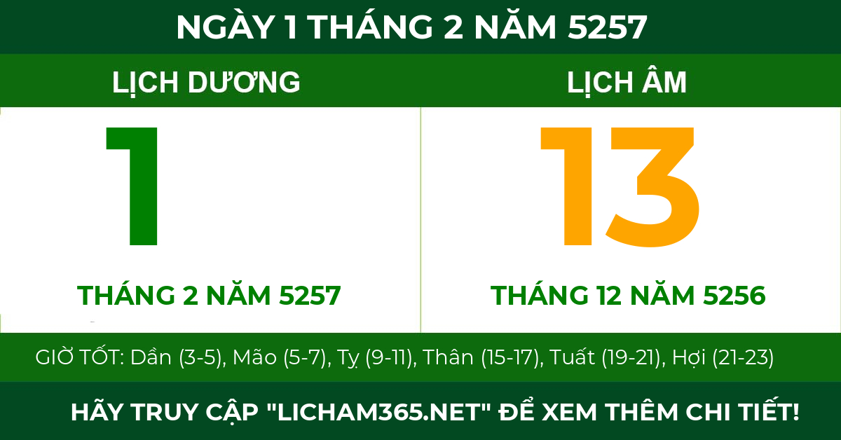 lịch âm ngày 1 tháng 2 năm 5257