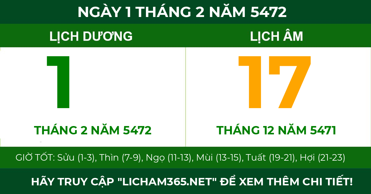 lịch âm ngày 1 tháng 2 năm 5472