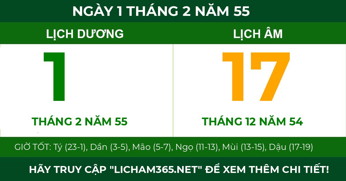 lịch âm ngày 1 tháng 2 năm 55