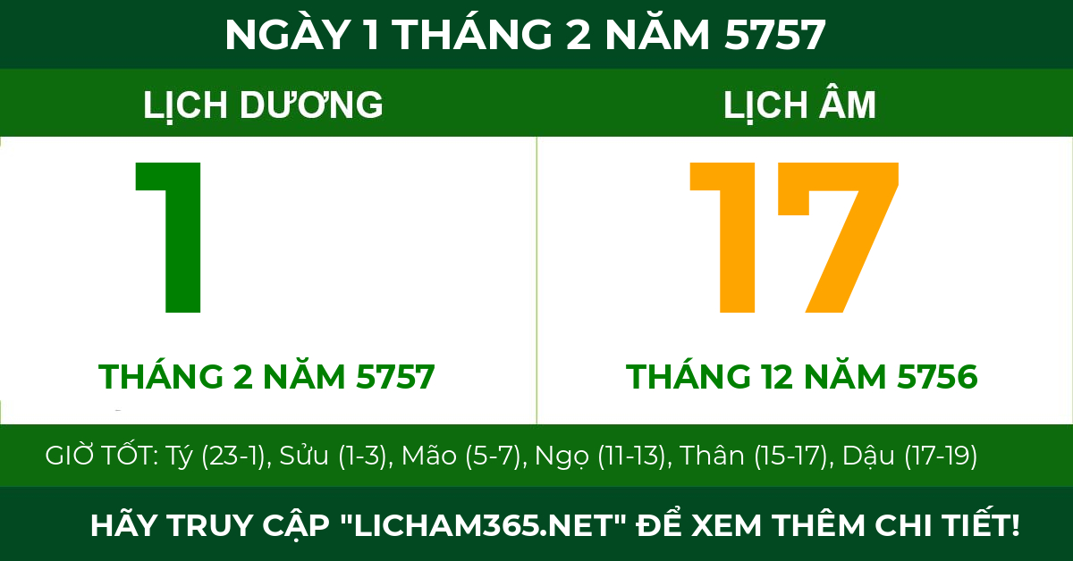 lịch âm ngày 1 tháng 2 năm 5757