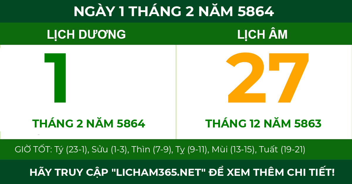lịch âm ngày 1 tháng 2 năm 5864