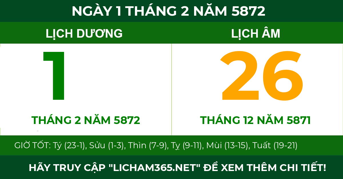 lịch âm ngày 1 tháng 2 năm 5872