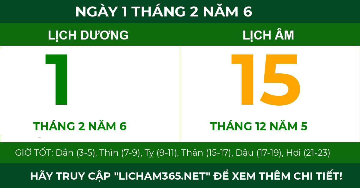 lịch âm ngày 1 tháng 2 năm 6