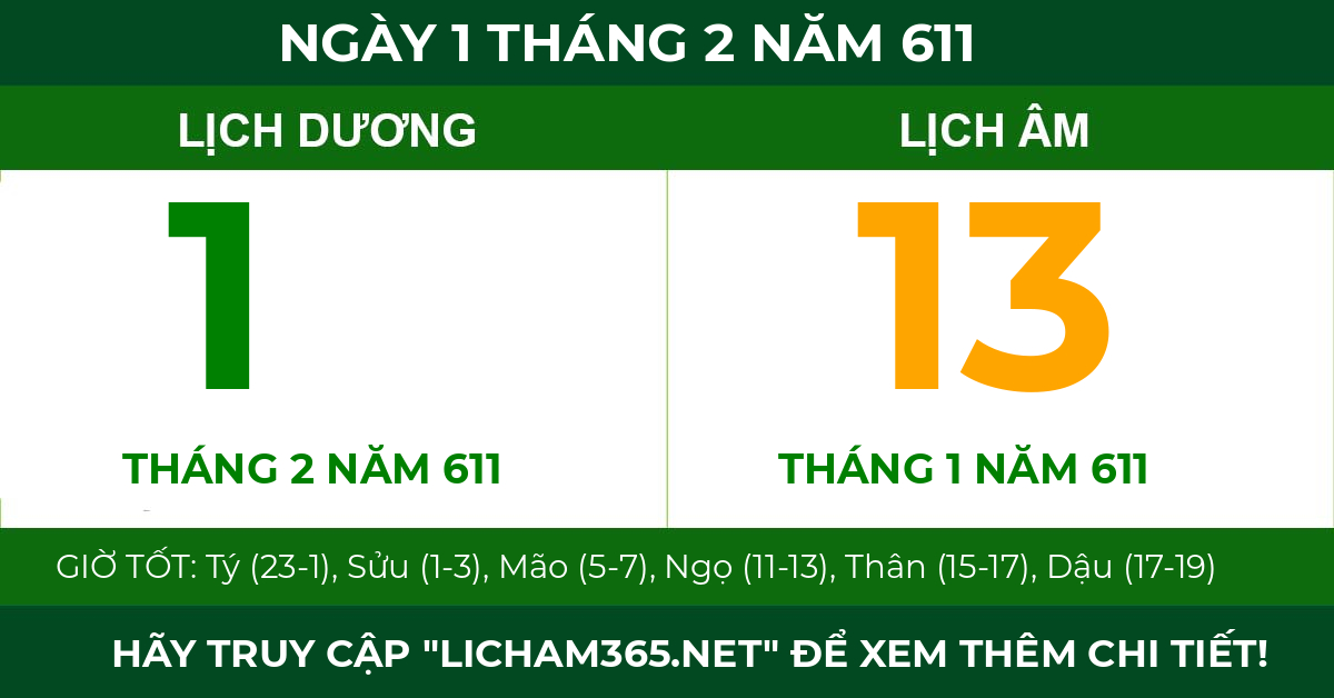 lịch âm ngày 1 tháng 2 năm 611