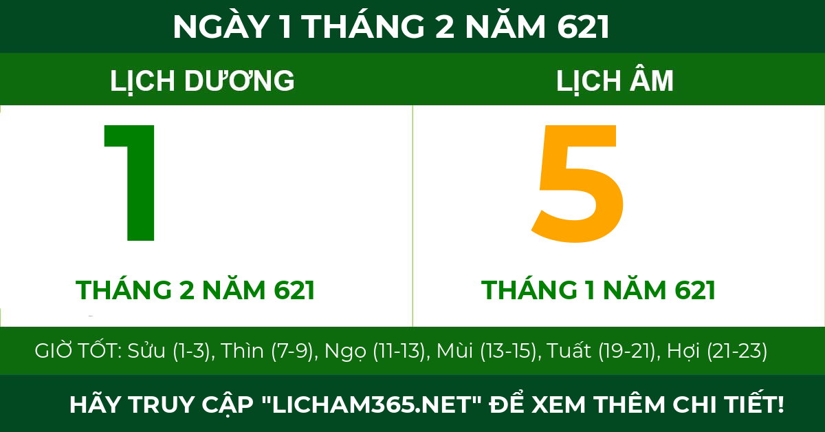 lịch âm ngày 1 tháng 2 năm 621
