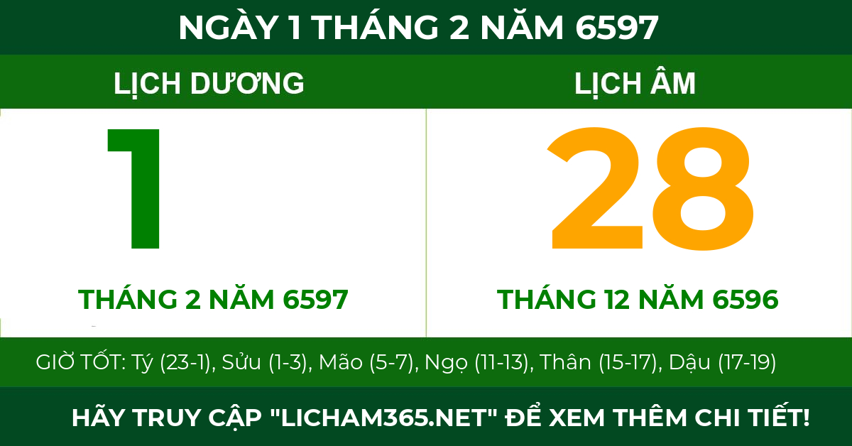 lịch âm ngày 1 tháng 2 năm 6597