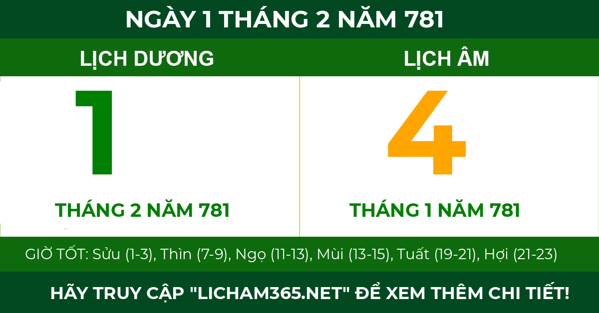 lịch âm ngày 1 tháng 2 năm 781