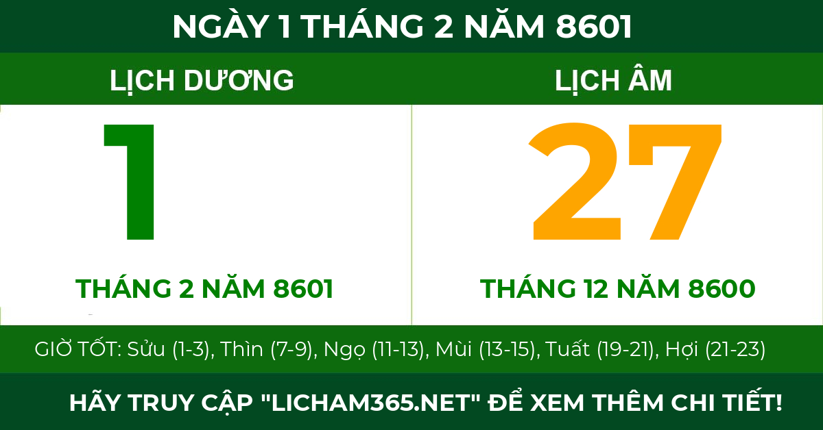 lịch âm ngày 1 tháng 2 năm 8601