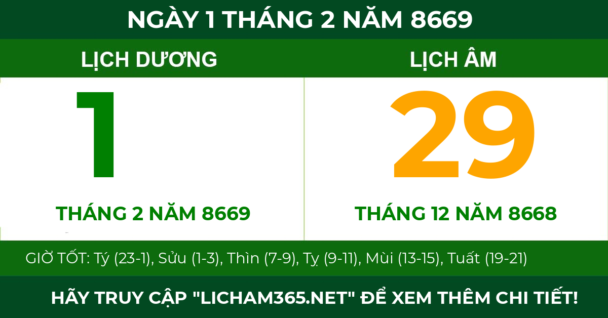 lịch âm ngày 1 tháng 2 năm 8669