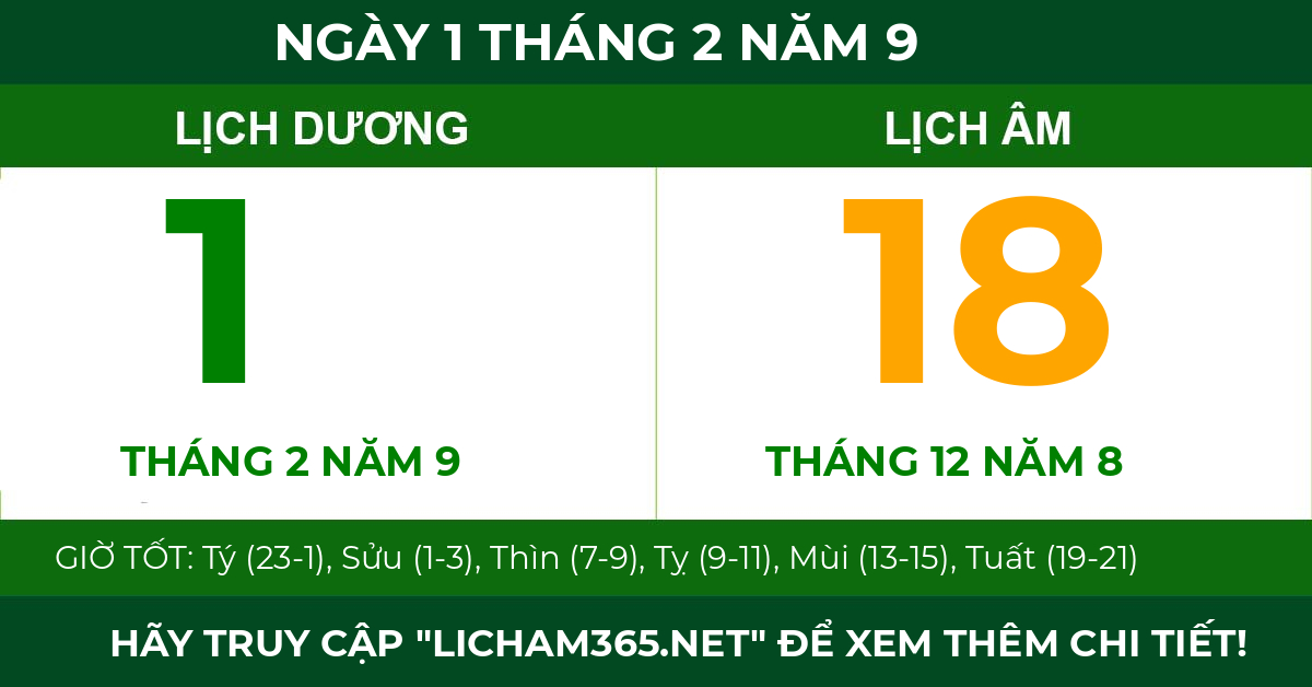 lịch âm ngày 1 tháng 2 năm 9