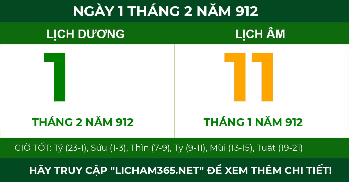 lịch âm ngày 1 tháng 2 năm 912