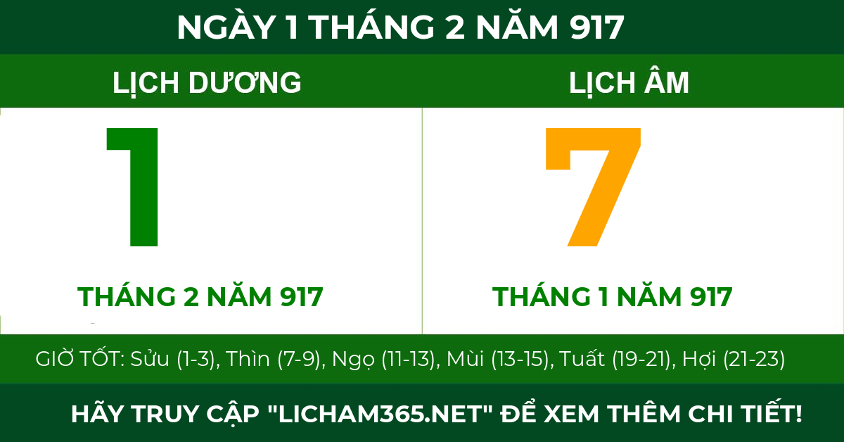 lịch âm ngày 1 tháng 2 năm 917