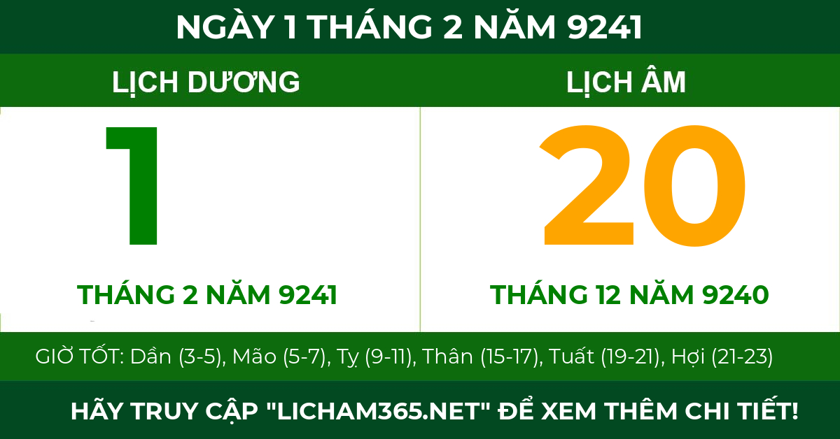 lịch âm ngày 1 tháng 2 năm 9241