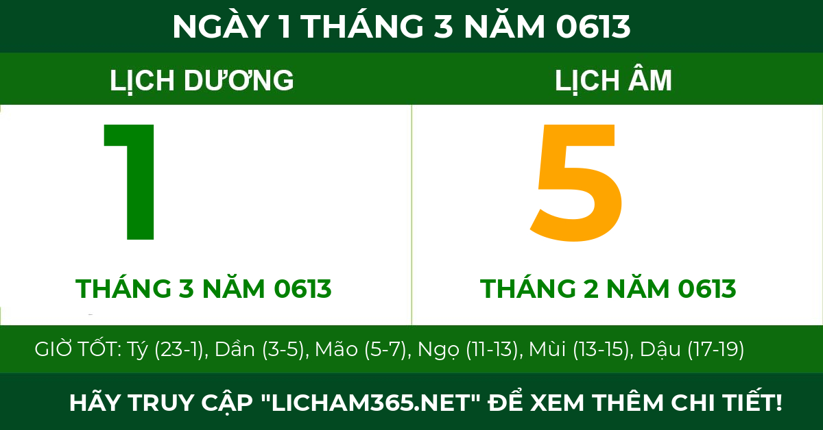 lịch âm ngày 1 tháng 3 năm 0613