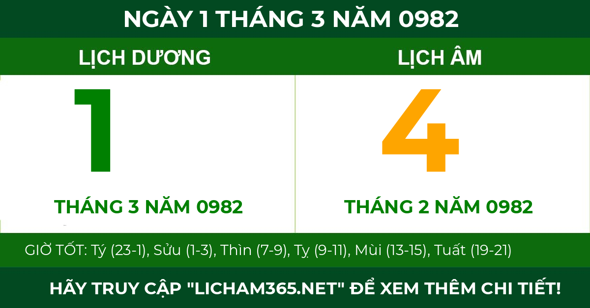 lịch âm ngày 1 tháng 3 năm 0982
