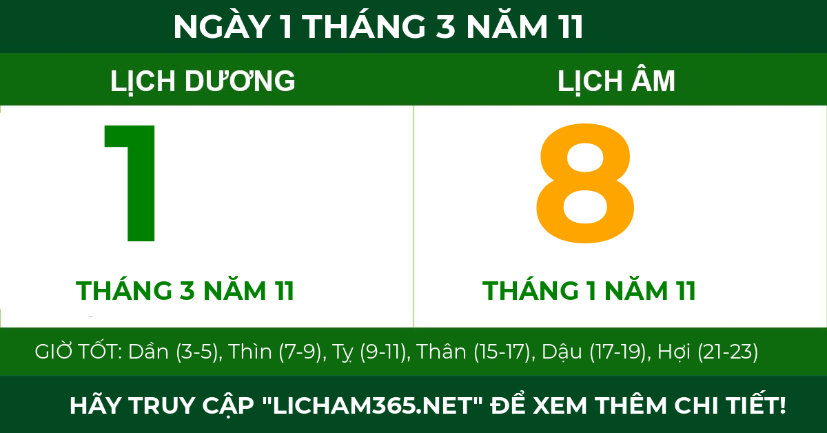 lịch âm ngày 1 tháng 3 năm 11