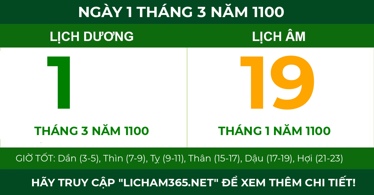 lịch âm ngày 1 tháng 3 năm 1100