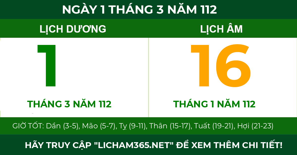 lịch âm ngày 1 tháng 3 năm 112